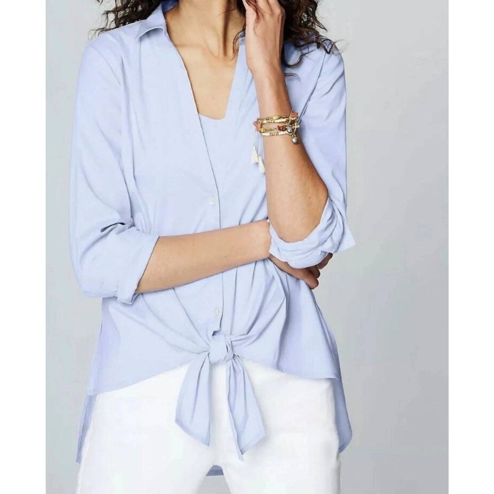 J. Jill Women's Crisp Blue Cotton‎ Stretch Tie-Front High-Low Hem Shirt Sz 2X